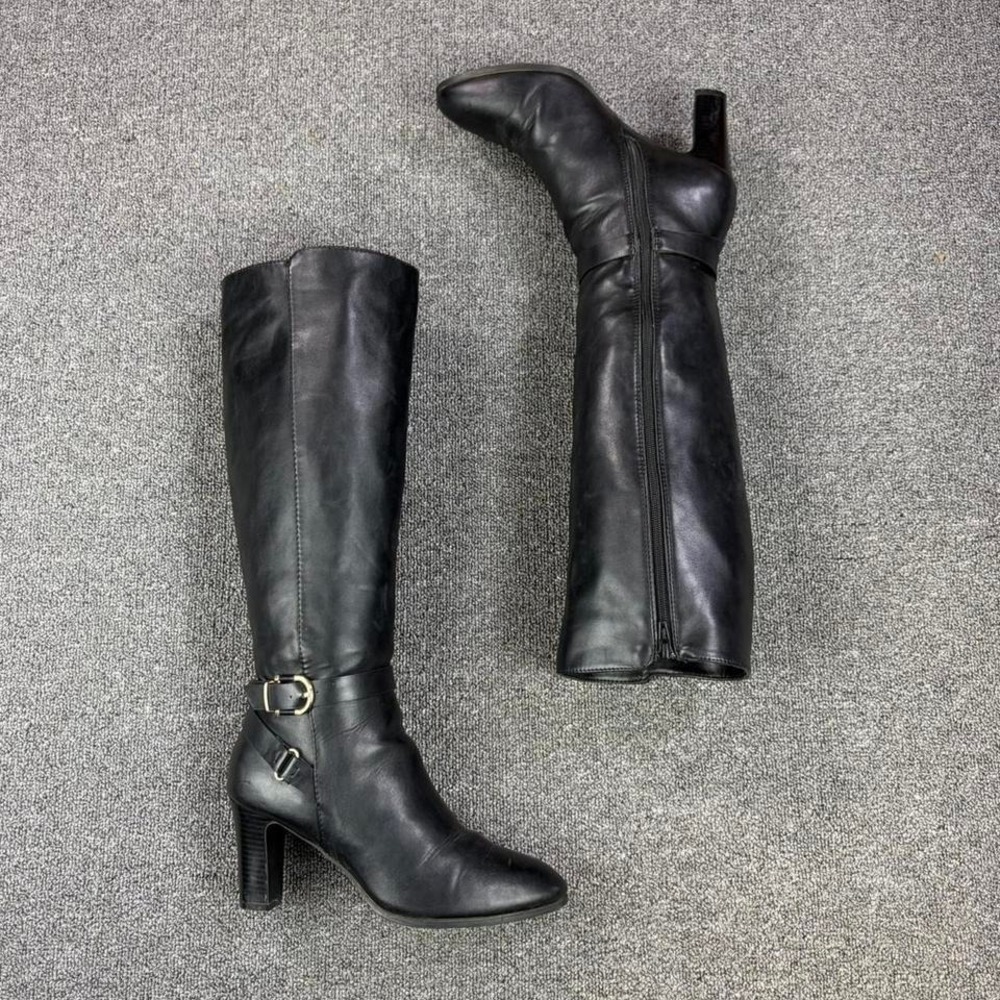 Women's Bass Black Strap Harness Buckle Knee High Tall Heel Boots Size 10